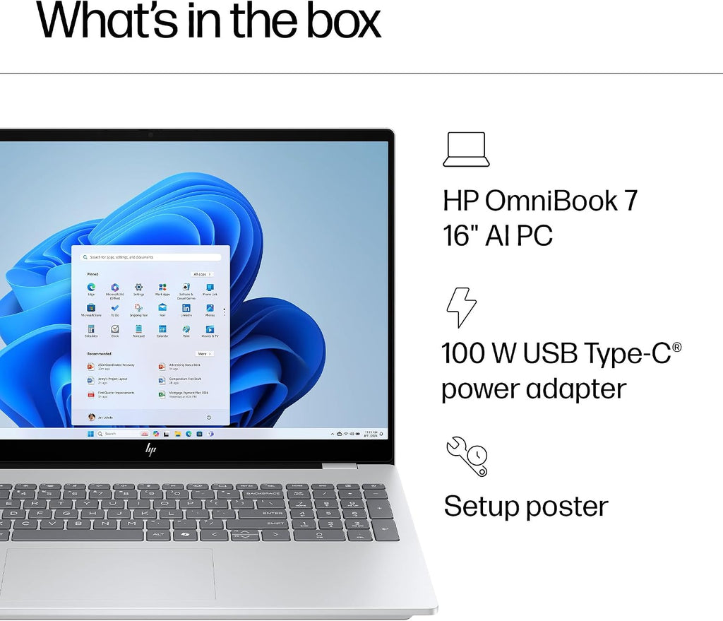HP OmniBook 7 16 inch AI PC, 2K Touchscreen, Intel Core Ultra 7 255H, 16 GB RAM, 2 TB SSD, NVIDIA GeForce RTX 4050 Laptop GPU, Windows 11 Home, Glacier Silver, 16-ay0500nr