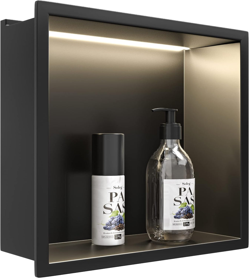 Led Shower Niche 12' X 12' Matte Black 304 Stainless Steel with Lighting Waterproof No Tile Need Shower Shelf for Bathroom Recessed Wall Niche