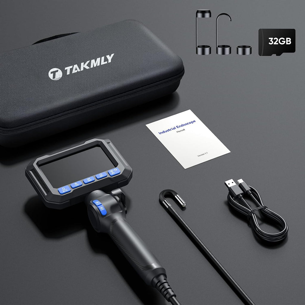 T Takmly Two-Way Articulating Borescope with Light, 210° Steerable 1080P Endoscope Camera, 0.23inch Semi-Rigid Snake Scope, 4.3' IPS Screen, 32GB, 5.5FT for Automotive Engine HVAC Wall Mechanics