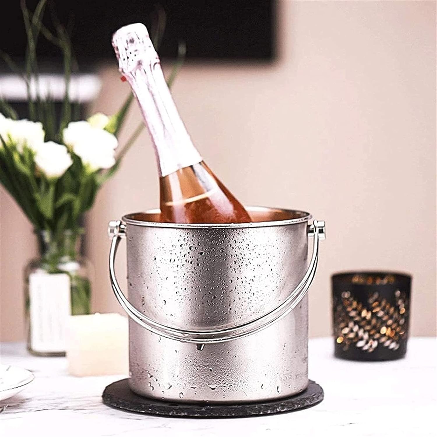 BTZHY Ice Bucket,Wine Glass with Scoop Lid and Handle, Stainless Steel