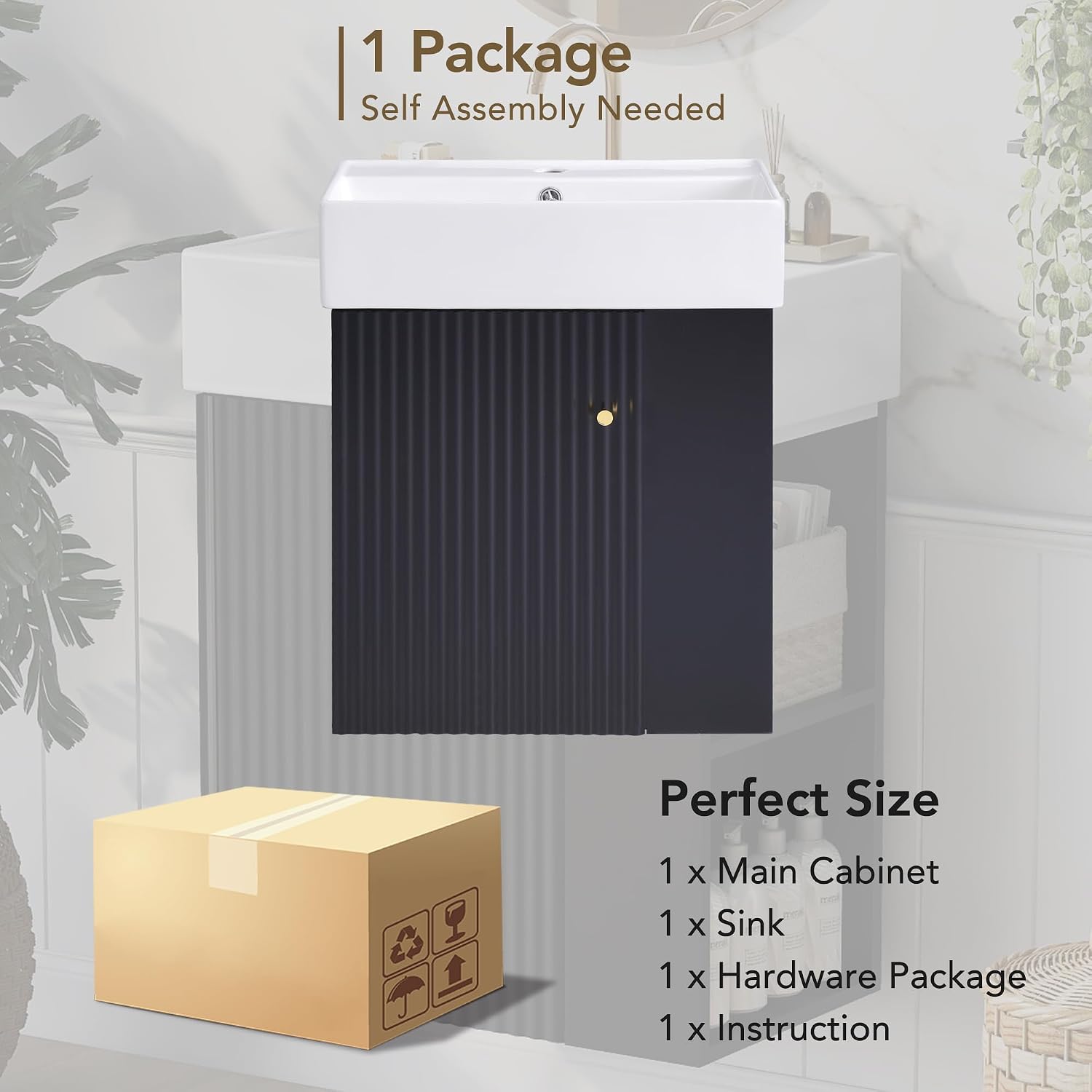 21.6-inch Bathroom Vanity with Sink, Wall-Mounted Bath Vanity Cabinet with Storage Cabinet & Right Two-Tier Shelf, Solid Wood Organizer with Ceramic Sink for Bathroom, Black
