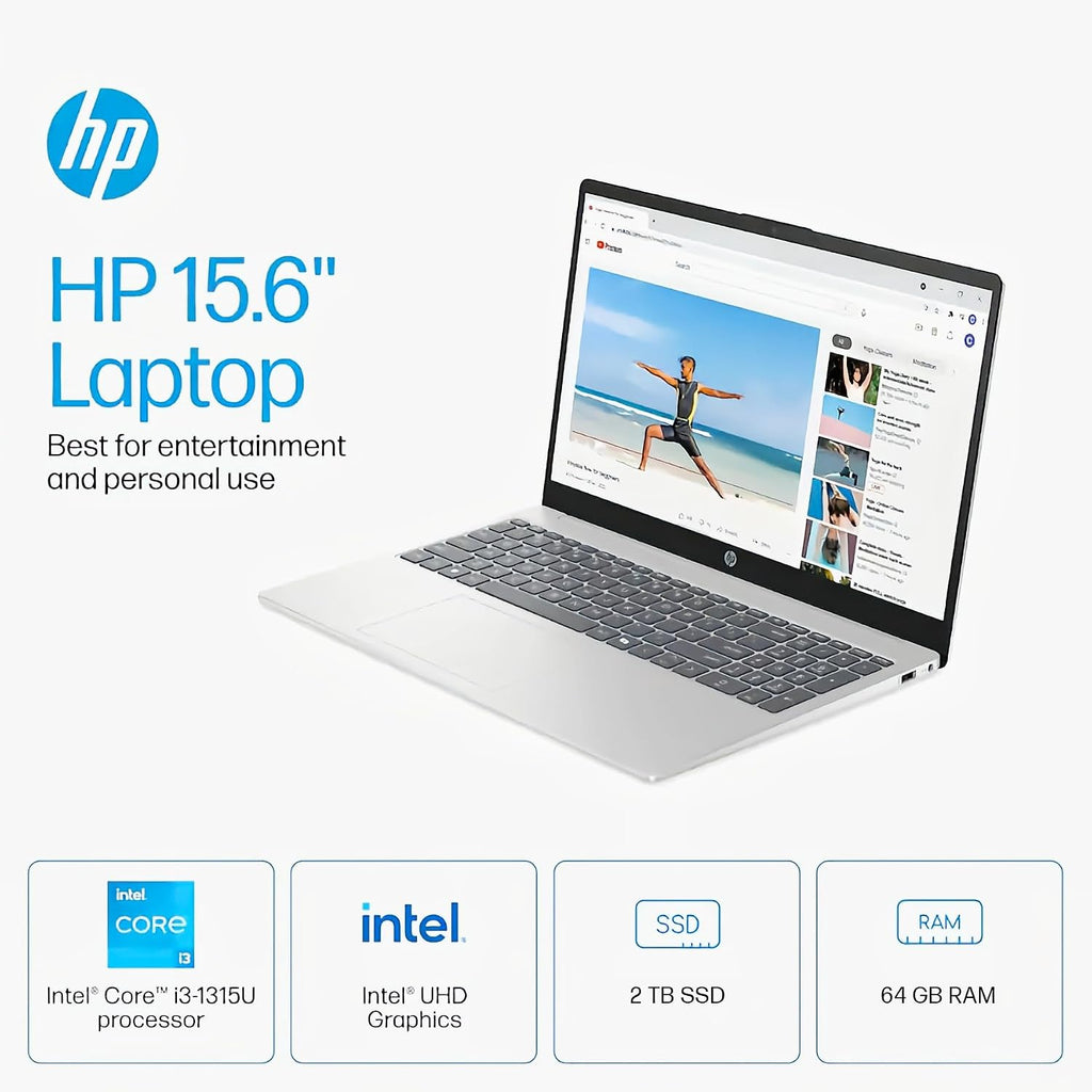HP 2025 15.6' Touchscreen Laptop, 250-Nits Anti-Glare Display, 13th Intel Processor, 64 GB RAM, 2 TB SSD, Intel UHD Graphics, Wi-Fi 6, Copilot AI, Win 11 Pro, for Business & Students, w/Accessories