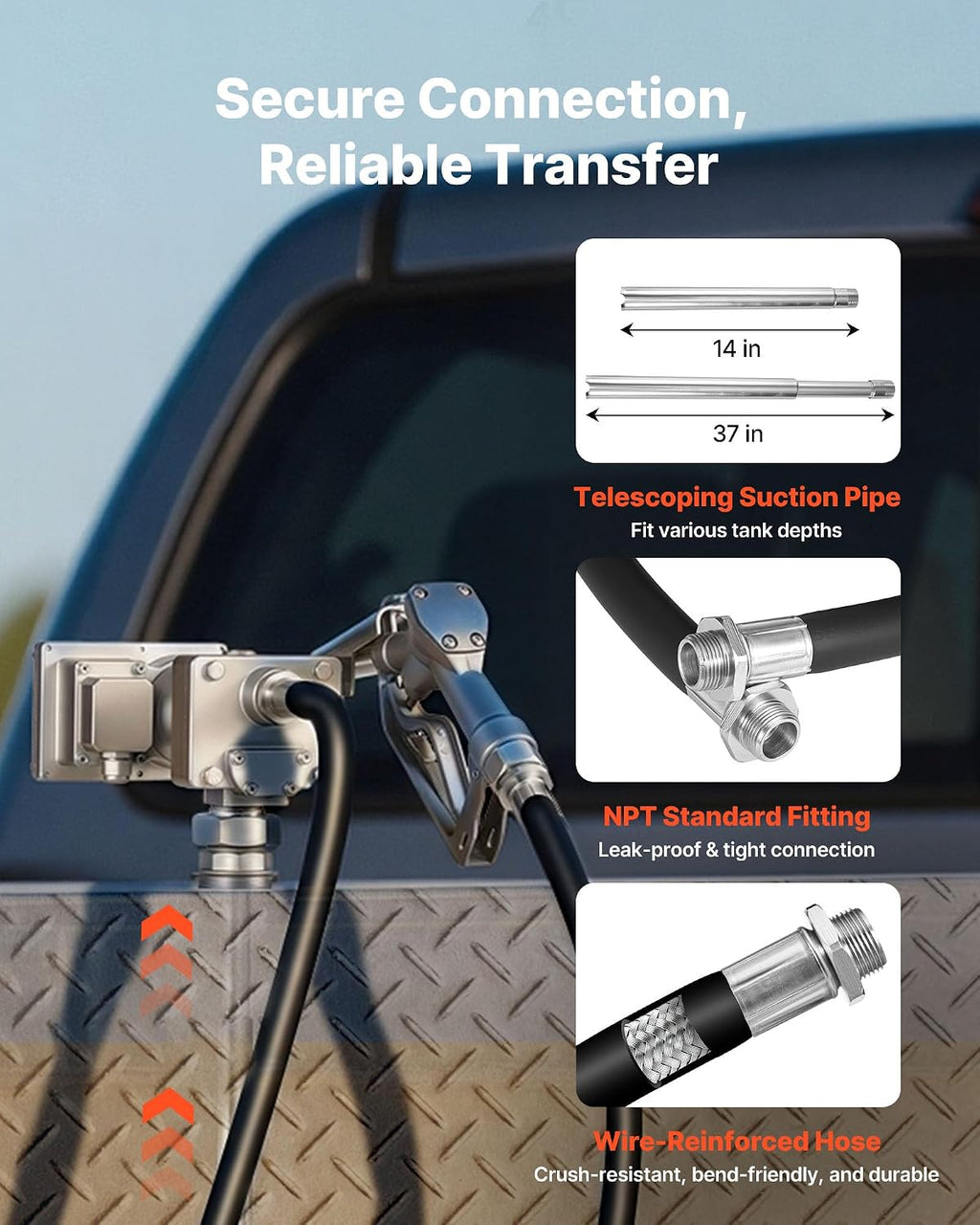 VEVOR Fuel Transfer Pump, 12V DC 15 GPM, Cast Iron Diesel Transfer Pump Kit, with Manual Shut-Off Nozzle, Discharge Hose, Overheat Protection, 1/3 HP Explosion-Proof, for Gasoline Diesel Kerosene