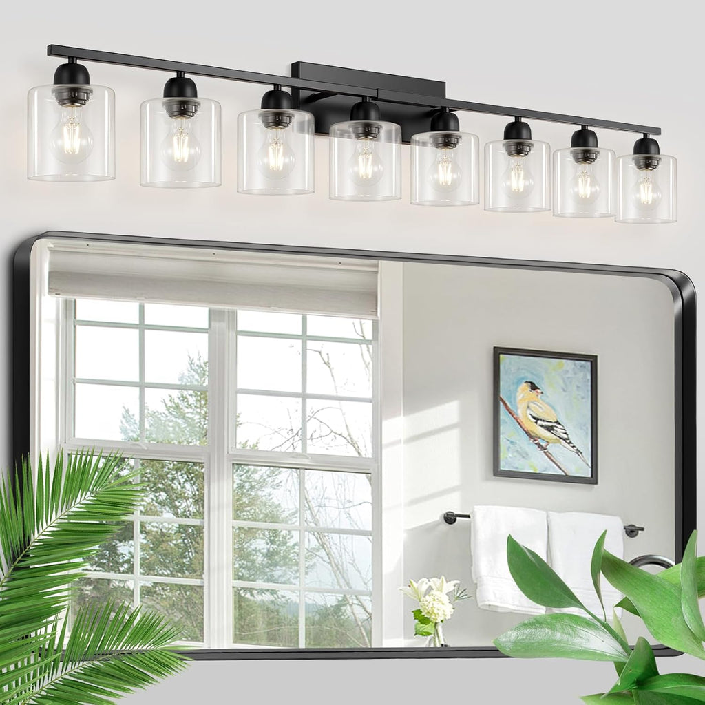 Bath Vanity Lights for Mirror, Restroom Lights Fixtures with Milky White Frosted Glass Shades,Bathroom Over Sink Light Fixtures (Black & Clear Glass, 8-Light)