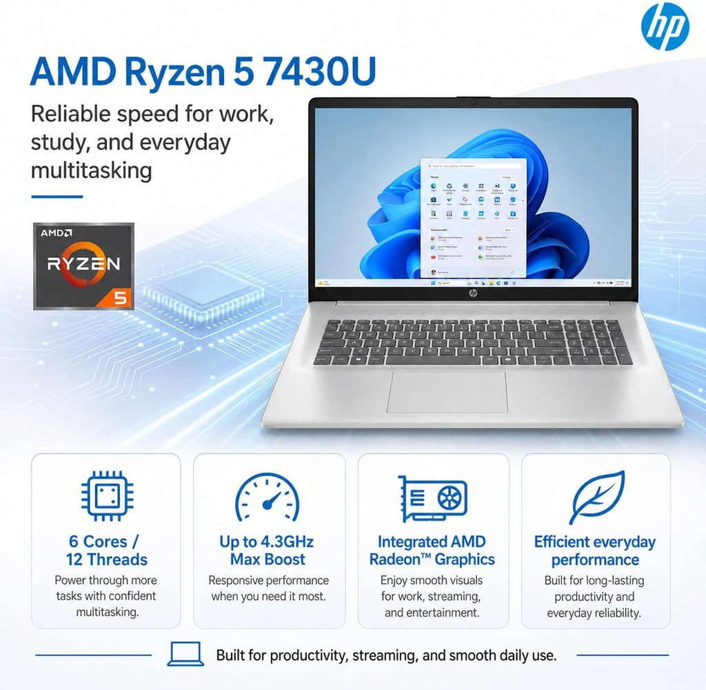 HP New Designed 17.3' FHD Business Laptop(2026/2027Edition), Powerful AMD Ryzen 5 7430U(Beats Core i7-1335U), 32GB RAM, 2TB PCIe, Wi-Fi 6, 14.5-Hour Battery Life, Windows 11 with MS 365 for Web