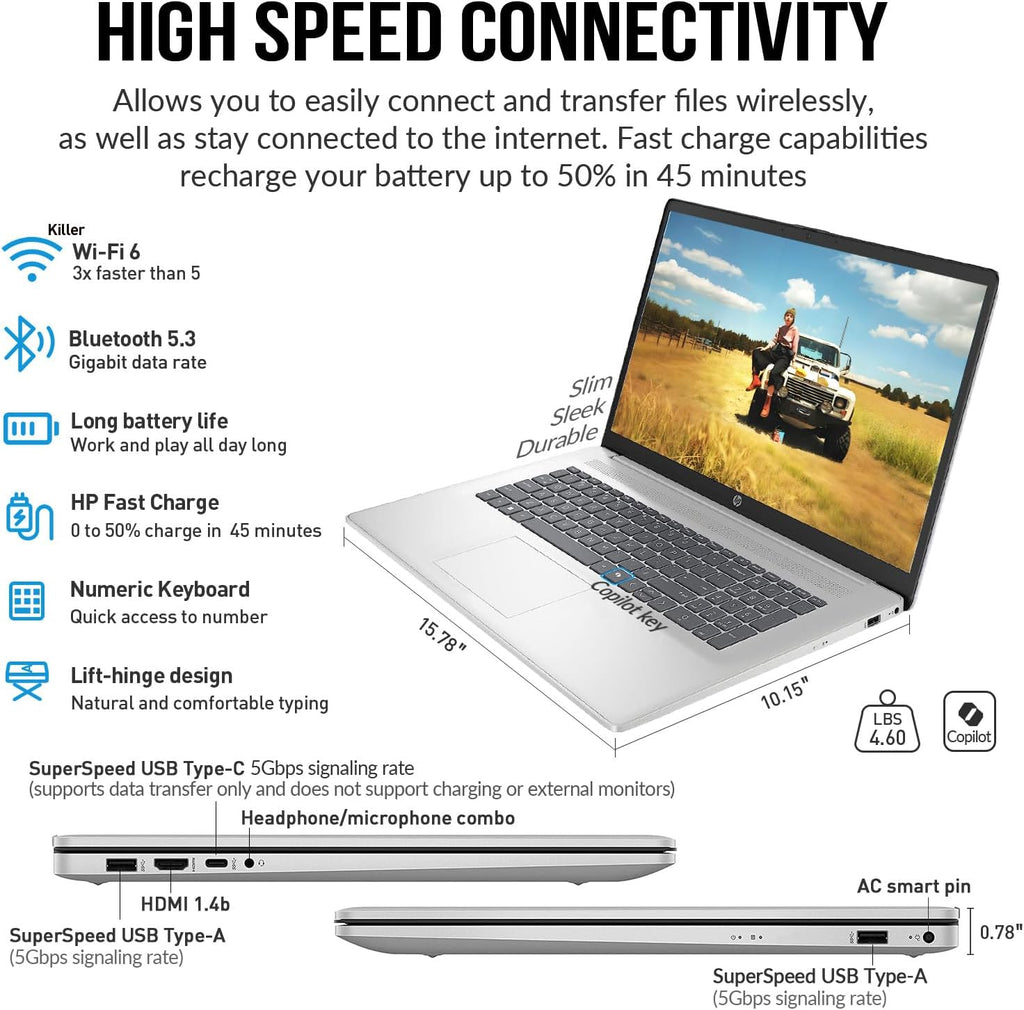 HP Laptops 17 Inch, 17.3' Laptop Computer, HD+ Large Screen, Intel Core i3 (8-Cores), 8GB RAM 512GB SSD, Windows 11 Pro, 10 Key Number Pad, Wi-Fi 6, USB-C
