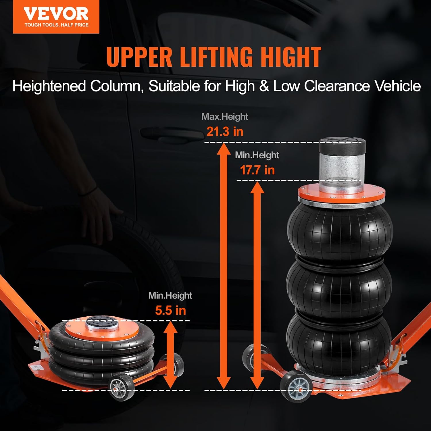 VEVOR Air Jack, 3 Ton/6600 lbs Triple Bag Air Jack, with Heightened Column Lifting Up to 21.3 Inch & Adjustable Handle, with Thick Rubber Pad, 1-6S Lifting Pneumatic Bag Jack Fits for Car, SUV