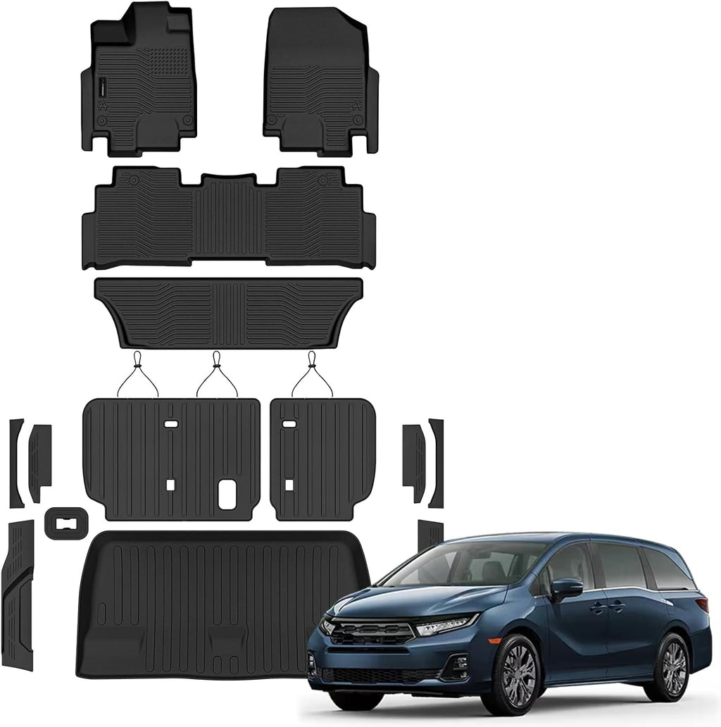 Auxko All Weather Floor Mats Cargo Mat with Backrest Mat & Door Sill Protectors for Honda Odyssey 2018-2025 2026 TPE Liners Accessories Guard Odorless Anti-Slip Floor Liners Trunk Tray