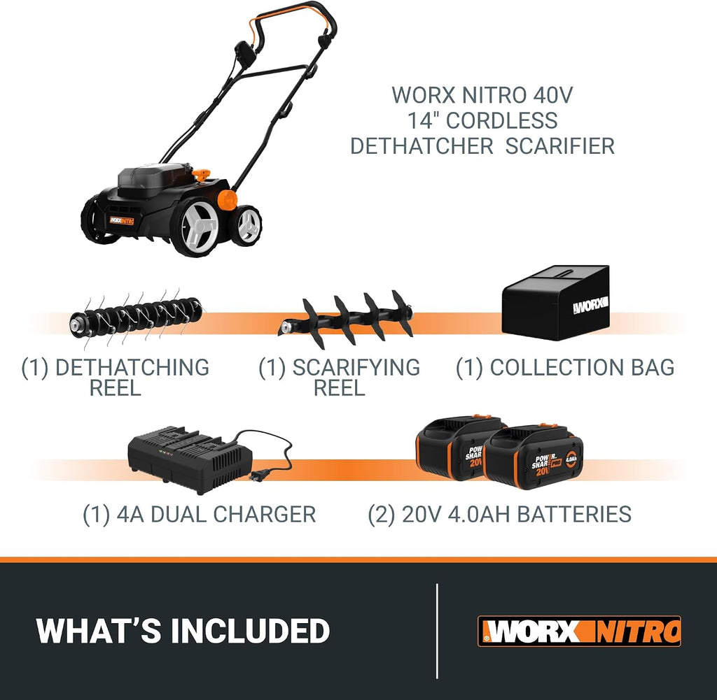 Worx 40V Cordless Lawn Dethatcher, 2 in 1 Dethatcher & Scarifier with Brushless Motor, Electric Dethatcher Removes Deep Thatch & Improves Grass Health, 2 × 4.0 Ah Batteries & Charger Included, WG855