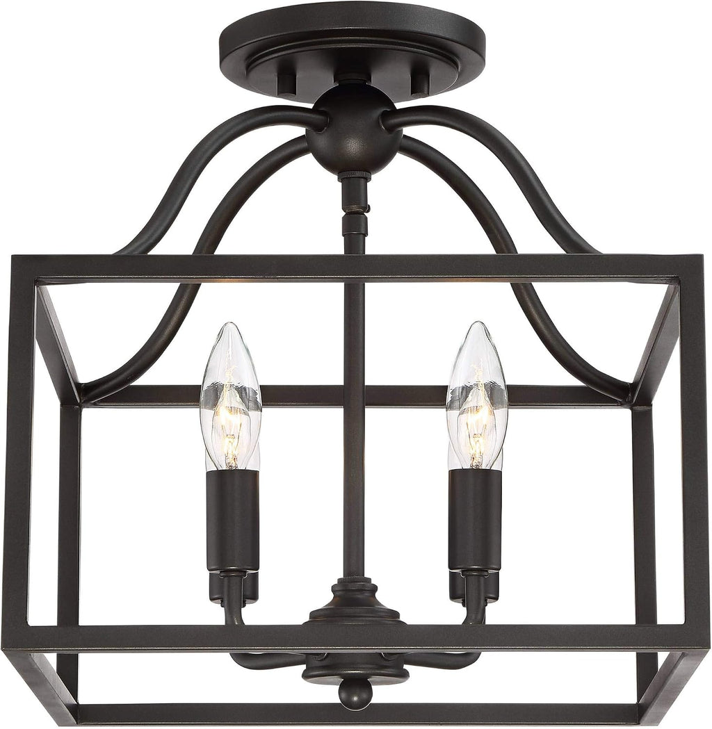 Franklin Iron Works Elle Farmhouse Rustic Close to Ceiling Light Semi-Flush Mount Fixture Black 13' Wide 4-Light Open Square Cage for House Bedroom Hallway Living Room Bathroom Dining Kitchen