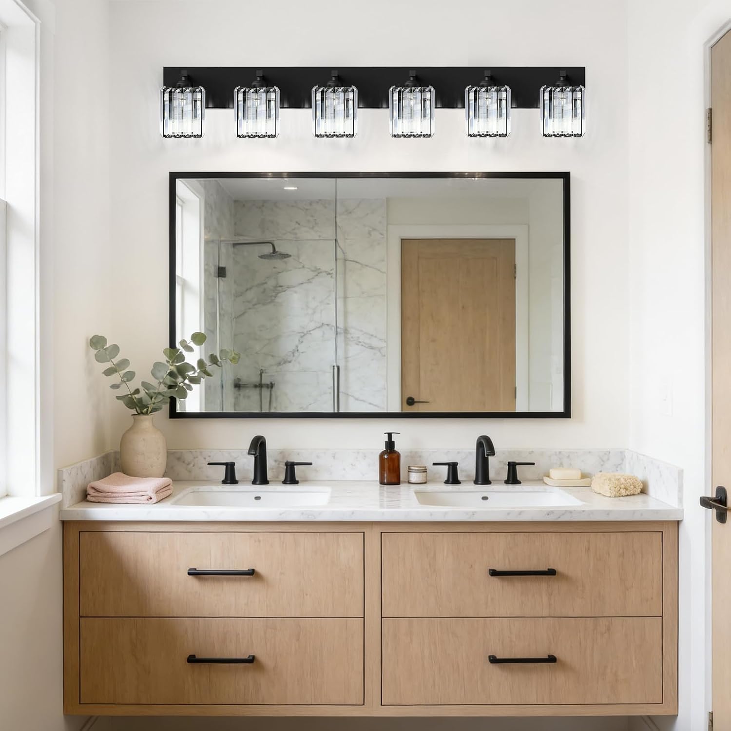 Black Crystal Bathroom Vanity Light, 6-Light Modern Bathroom Lighting Fixtures Over Mirror, Matte Black Wall Sconce Light Fixtures with Square Shade