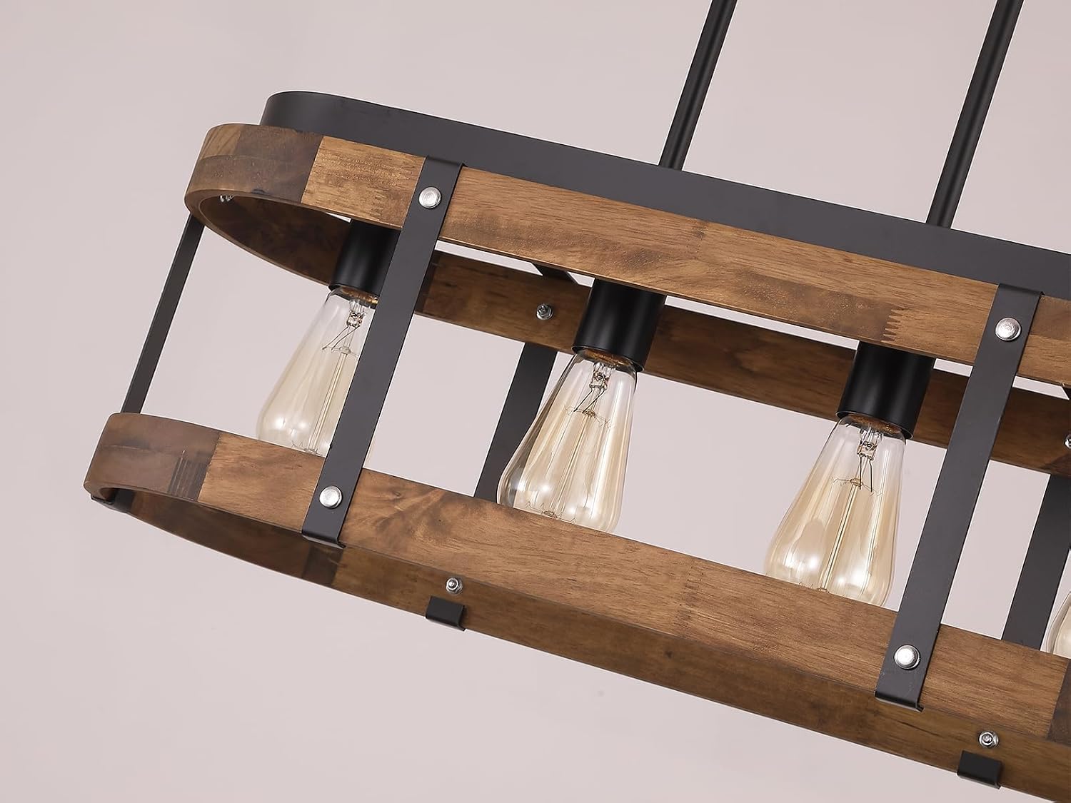 Rustic Farmhouse Wood Kitchen Island Lighting, 4 Lights Rectangular Pendant Light Fixture, Adjustable Rods Oak Wood and Metal Linear Chandelier for Kitchen Island Farmhouse Dining Room, Black