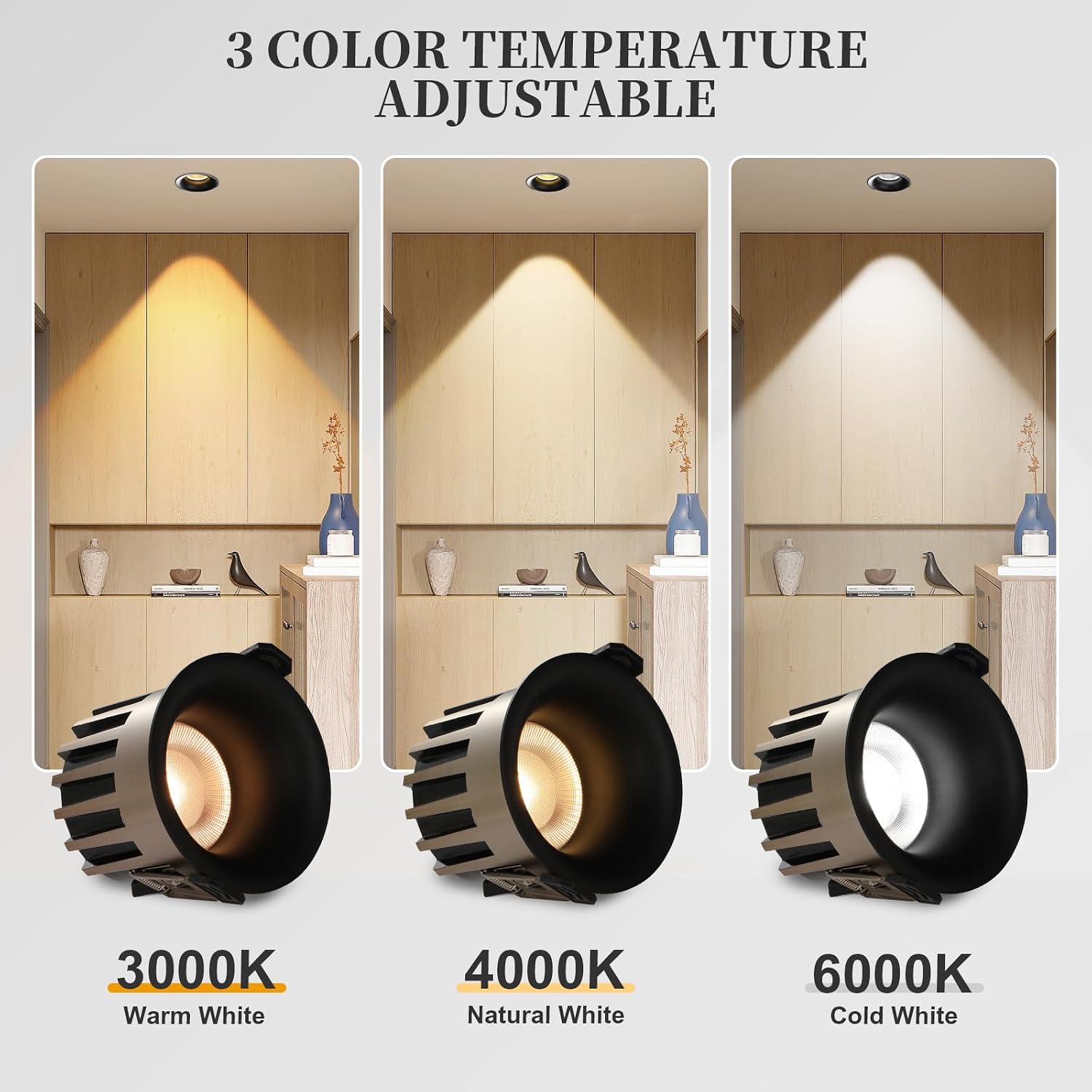 3 Inch Recessed LED Light, Dimmable Recessed Lights with J-Box, 3CCT Trimless Soffit Canless Light 3000-6000K Selectable, 12W 1300LM Black Recessed Lighting for Living Room,Kitchen (6 PCS)