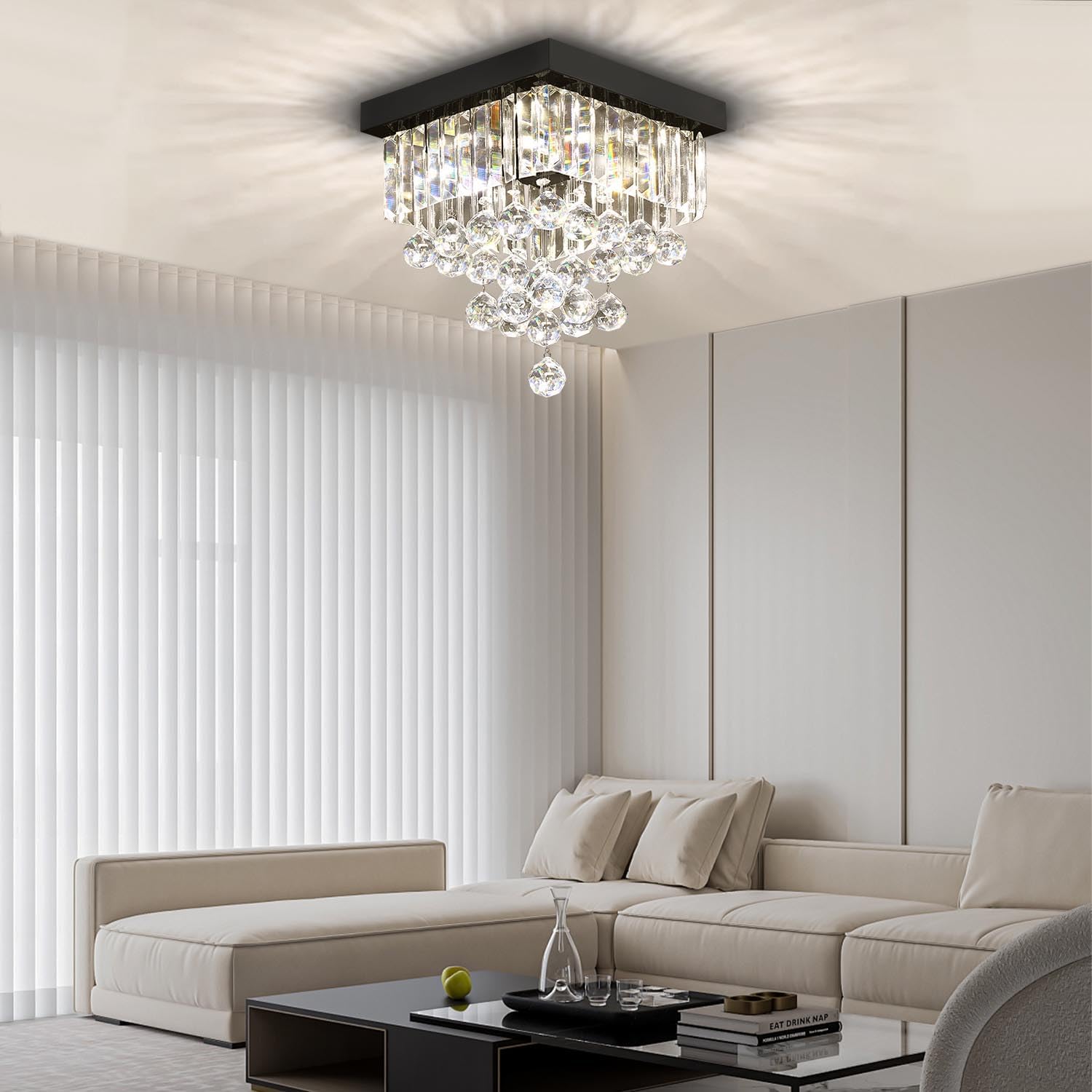 Modern Black Square Crystal Flush Mount Ceiling Light 12' 4 Lights K9 Crystal Chandelier Lighting Fixture for Bedroom Dining Room Kitchen Hallway Entryway Closet Small Living Room