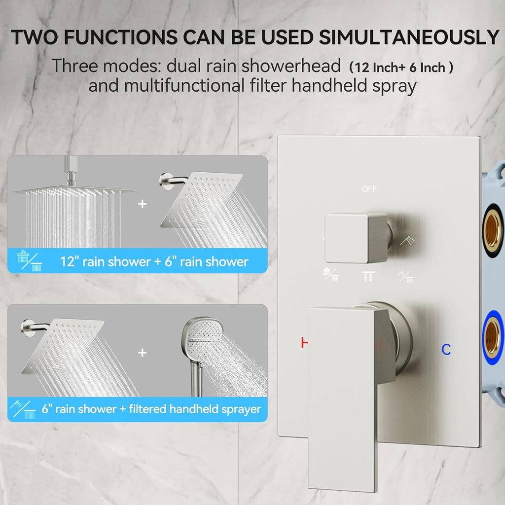 Shower Faucet Set Brushed Nickel Shower System, Dual Head Shower Set STARBATH 12'' Ceiling Mount and 6''Wall Mount Rainfall Shower Systems with Multifunctional Filtered Handheld Sprayer
