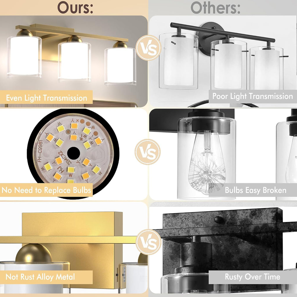 Quntis Gold Bathroom Light Fixtures, 5 Light Modern Vanity Lights Over Mirror, 5 Colors & Stepless Dimmable LED Bathroom Lighting with Milk White Frosted Glass, 33 Inch (Bulbs Included)
