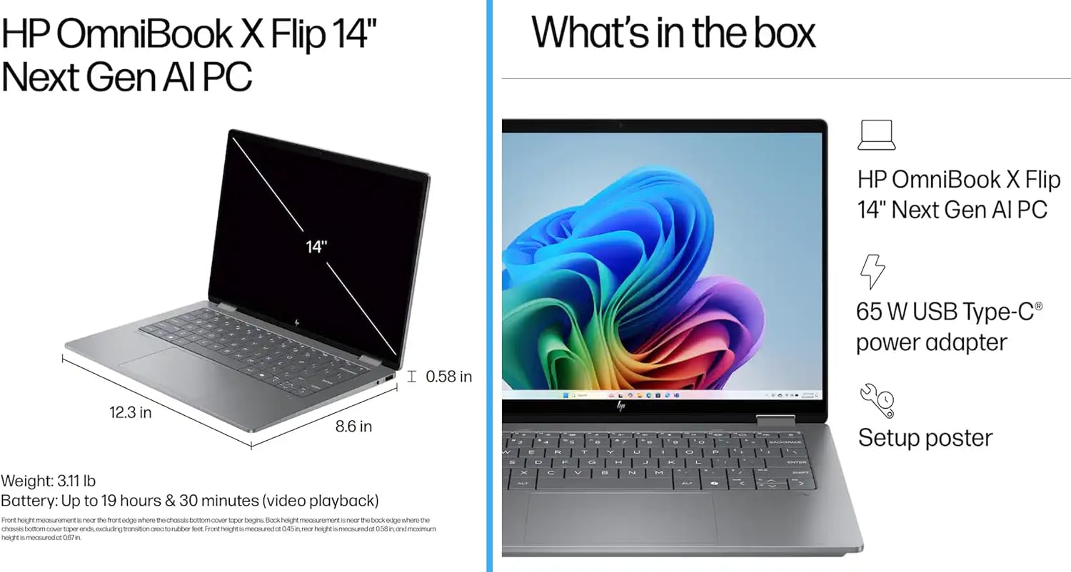 HP OmniBook X Flip 2-in-1 Laptop 14' WUXGA IPS Touchscreen 8-Core AMD Ryzen AI 7 350 24GB LPDDR5 1TB SSD AMD Radeon 860M Graphics Wi-Fi 6E Backlit Keyboard Win11 W/Stylus Pen