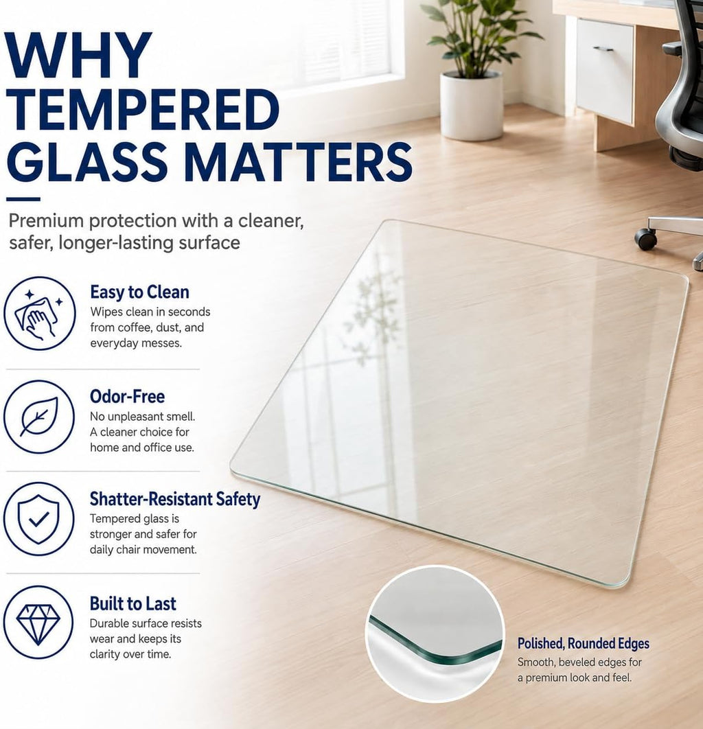 40 x 48 Inch Glass Chair Mat, 1/5 Inch Thick Tempered Glass Office Chair Mat for Carpet and Hardwood Floors, Heavy Duty Clear Computer Desk Floor Protector with 4 Anti-Slip Pads