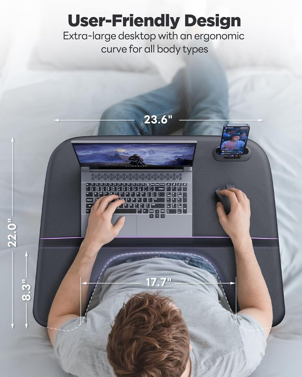 SAIJI Laptop Lap Desk for Bed & Couch, Adjustable Height & Angle Bed Desk with Soft Armrest for Adults, Ergo Curve Folding Bed Table for Working, Reading and Gaming, Laptop Desk for Bed (Black)