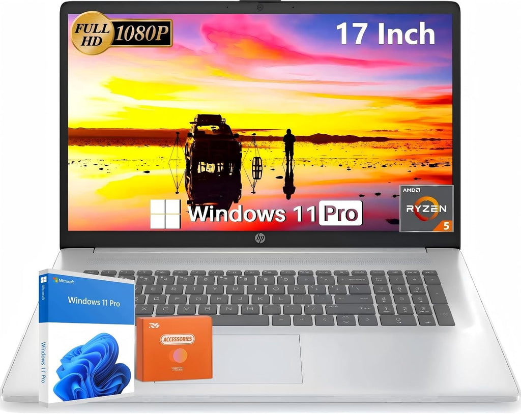 HP 17 inch Laptop, Office Pro Lifetime License, 17.3' Full HD IPS Display, AMD Ryzen 5 7430U, AMD Radeon Graphics, 64 GB RAM, 2 TB SSD, Wi-Fi 6, Copilot AI, Webcam, Windows 11 Pro, w/Accessories