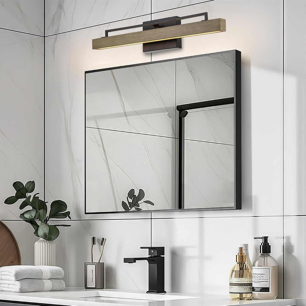 Kira Home Felix 25' Modern Farmhouse Integrated LED Bathroom Vanity Light, 24W 3000K Warm White Light, Hand-Painted Wood Grain Metal Linear Sconce, Smoked Birch and Black Finish