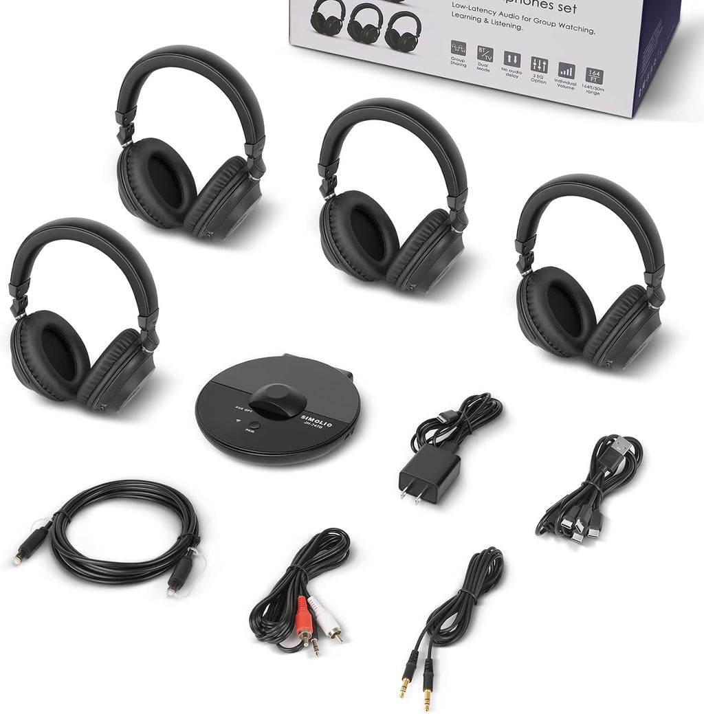 SIMOLIO Bluetooth Wireless TV Headphones with Clear & Loud Sound - Wireless Group Listening Headphones & Transmitter for Parties, Silent Discos, Church, Low latency TV - Multiple Rechargeable Headsets