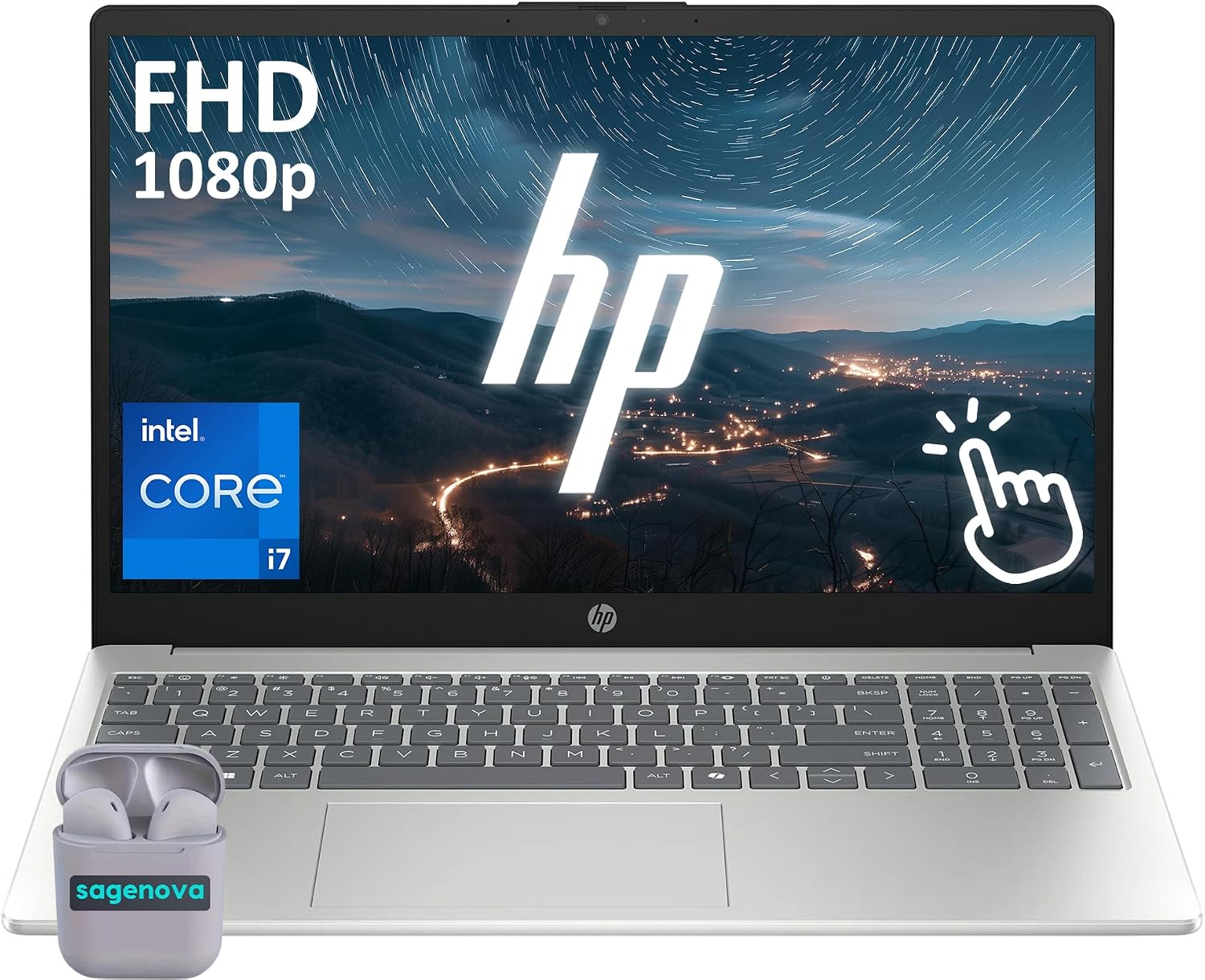 HP 15.6' Touchscreen Laptop Computer, Windows 11 Home 16GB RAM 1TB SSD, Intel Core i7-1355U, FHD IPS LED Display, Numeric Keypad, Camera Privacy Shutter, SageNova Earphones, Natural Silver
