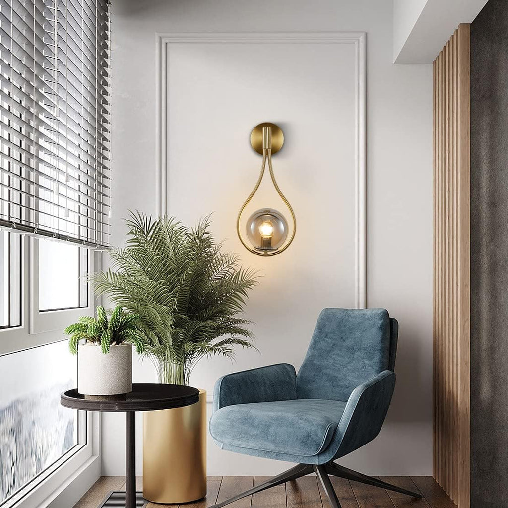 BOKT Modern Golden Metal Wall Sconce Mid Century Simple Wall Lights Farmhouse Wall Lighting Fixture Gold Round Ball Smokey Grey Globes Ceiling Bedside Reading Light for Study Laundry Living Room…