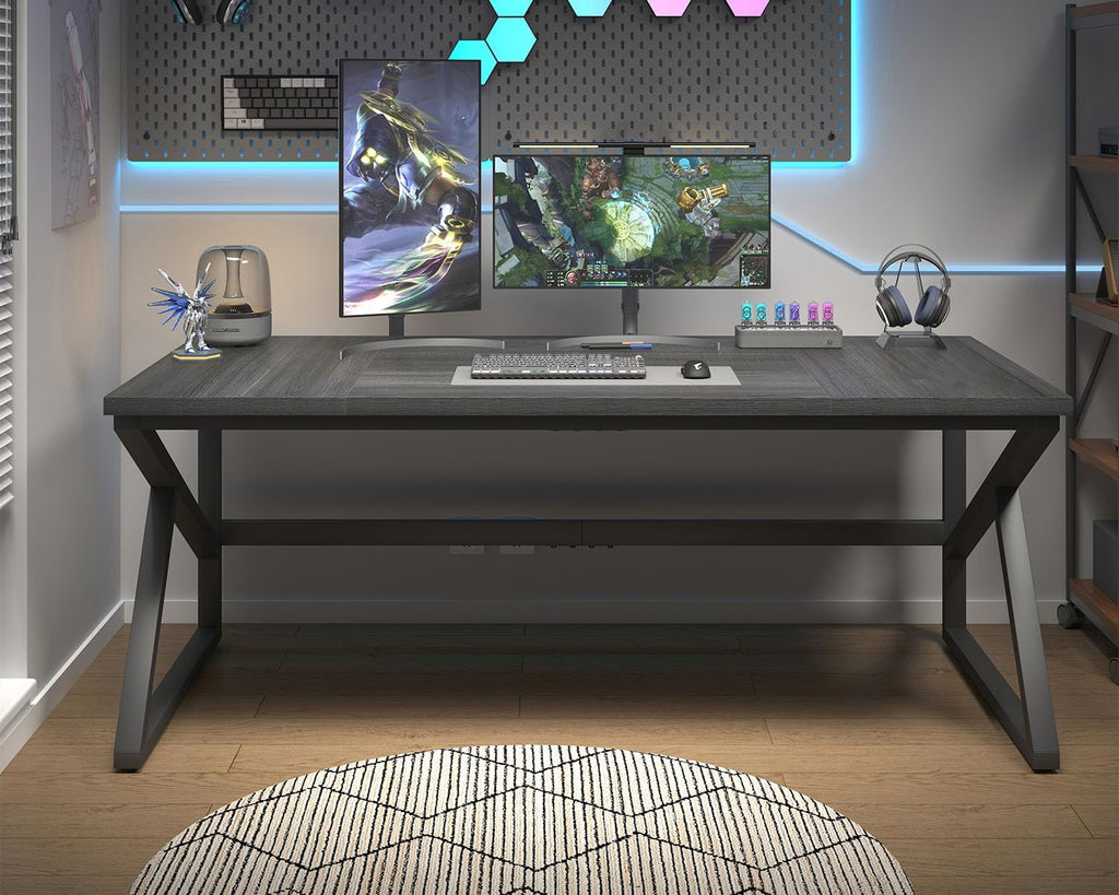 HSH Extra Long Computer Desk, Industrial Metal Wood Home Office Desk, Large PC Laptop Table for 2 Person Executive Writing Work Study Gaming, Bedroom Living Room Dual Monitor Desk, Dark Gray, 70 Inch