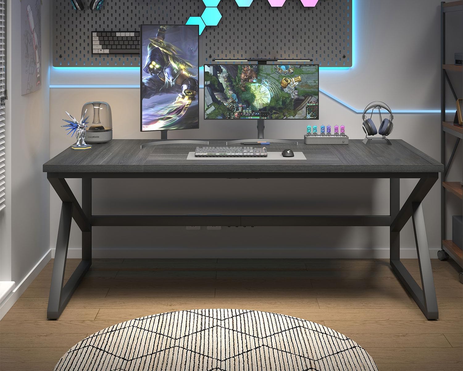 HSH Extra Long Computer Desk, Industrial Metal Wood Home Office Desk, Large PC Laptop Table for 2 Person Executive Writing Work Study Gaming, Bedroom Living Room Dual Monitor Desk, Dark Gray, 70 Inch