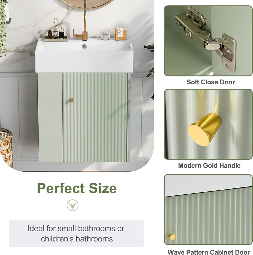 21.6-inch Bathroom Vanity with Sink, Wall-Mounted Vanity Cabinet with Storage Cabinet & Left Two-Tier Shelf, Solid Wood Bath Organizer with Ceramic Sink for Bathroom, Green