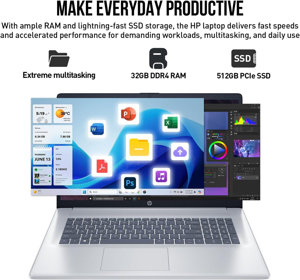 HP 17 Inch Laptop Computer, 17.3' FHD IPS Business Laptop PC, Intel Core 7 (10-Cores, Beats i7-1355U), Windows 11 Pro 32GB RAM 512GB SSD, 10-Key Number Pad, for Business, Students & Home, wAccessory
