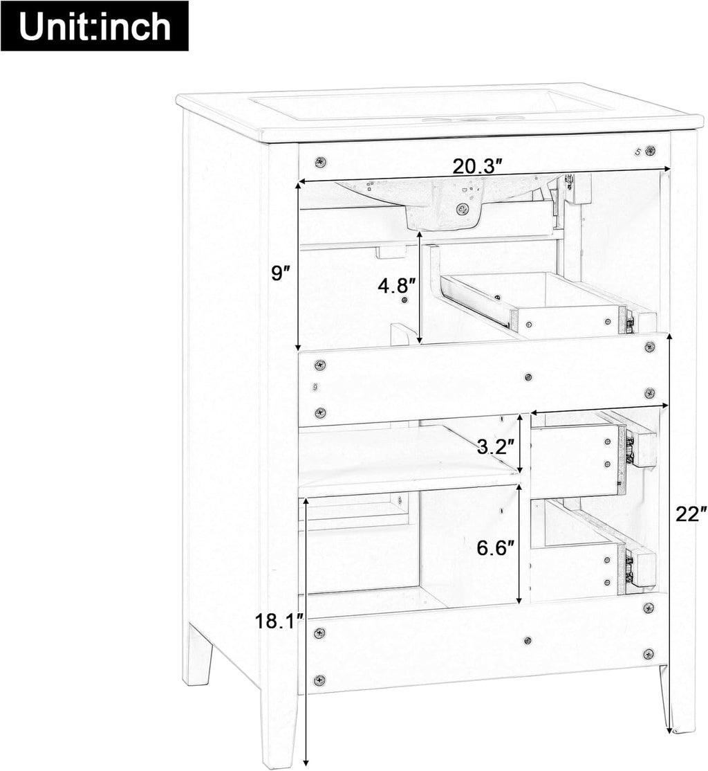 24-inch Bathroom Vanity with Sink Combo, Free-Standing Single Storage Cabinet with Tilt-Out Drawer, 3 Drawers, Adjustable Shelf & Storage Rack, Vanity with Ceramic Basin for Bathroom (Black)