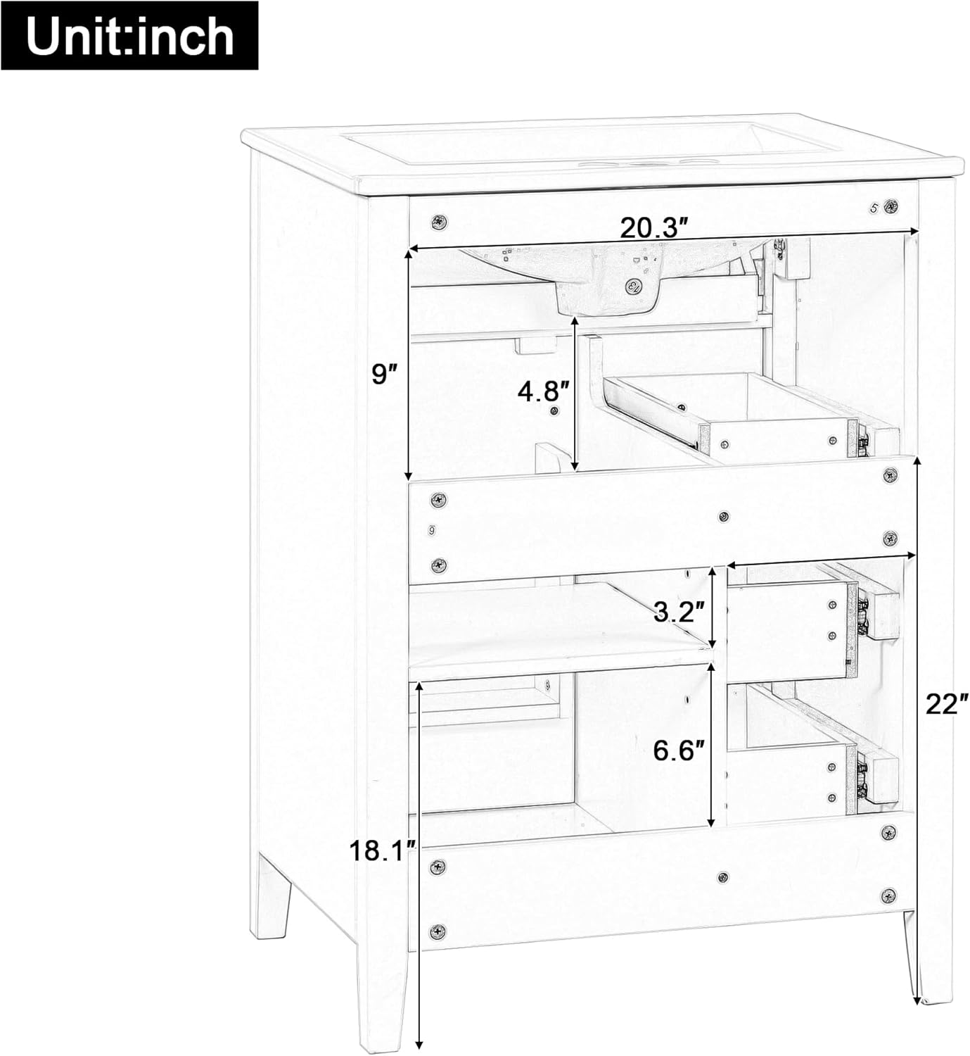 24-inch Bathroom Vanity with Sink Combo, Free-Standing Single Storage Cabinet with Tilt-Out Drawer, 3 Drawers, Adjustable Shelf & Storage Rack, Vanity with Ceramic Basin for Bathroom (Black)