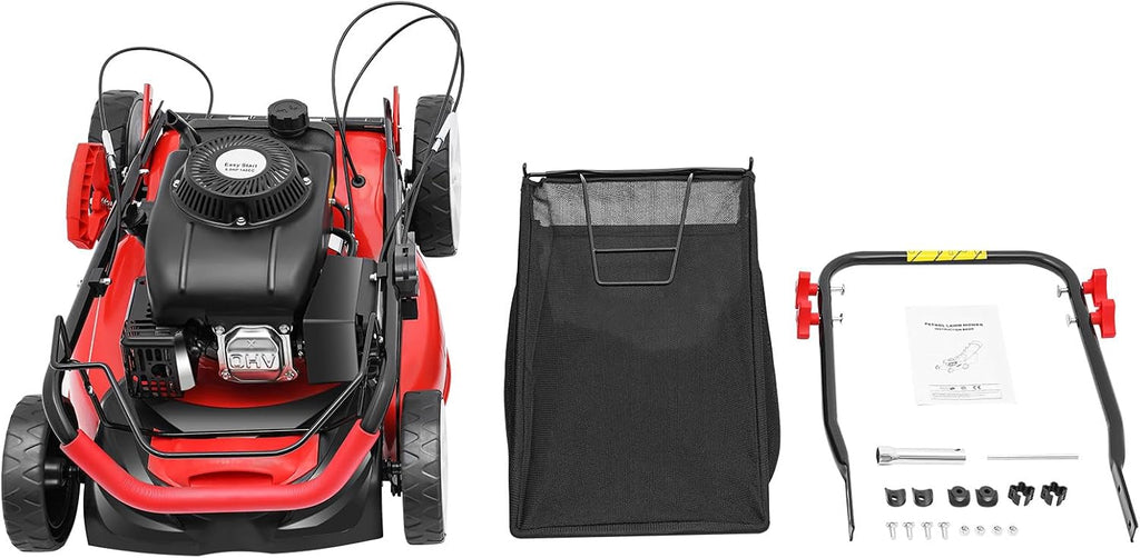 Self Propelled Gas Lawn Mower, 4-Stroke 140CC 5HP OHV Gasoline Lawn Mowers 3-in-1 Multifunctional Push Mowing Single Cylinder Mulching Lawnmower w/8 Gears Height Adjustments for Urban Gardens, Villas