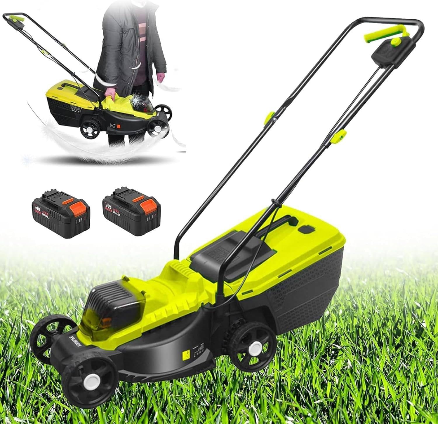 Push Lawn Mower, 1600W Ultra-Light Lawn Mower Battery Powered, Self Propelled Electric Lawn Mower, 50Min Runtime, 10.6 Gallon Grass Bag, 30mm/50mm/70mm-Position Height Adjustment,Battery*2