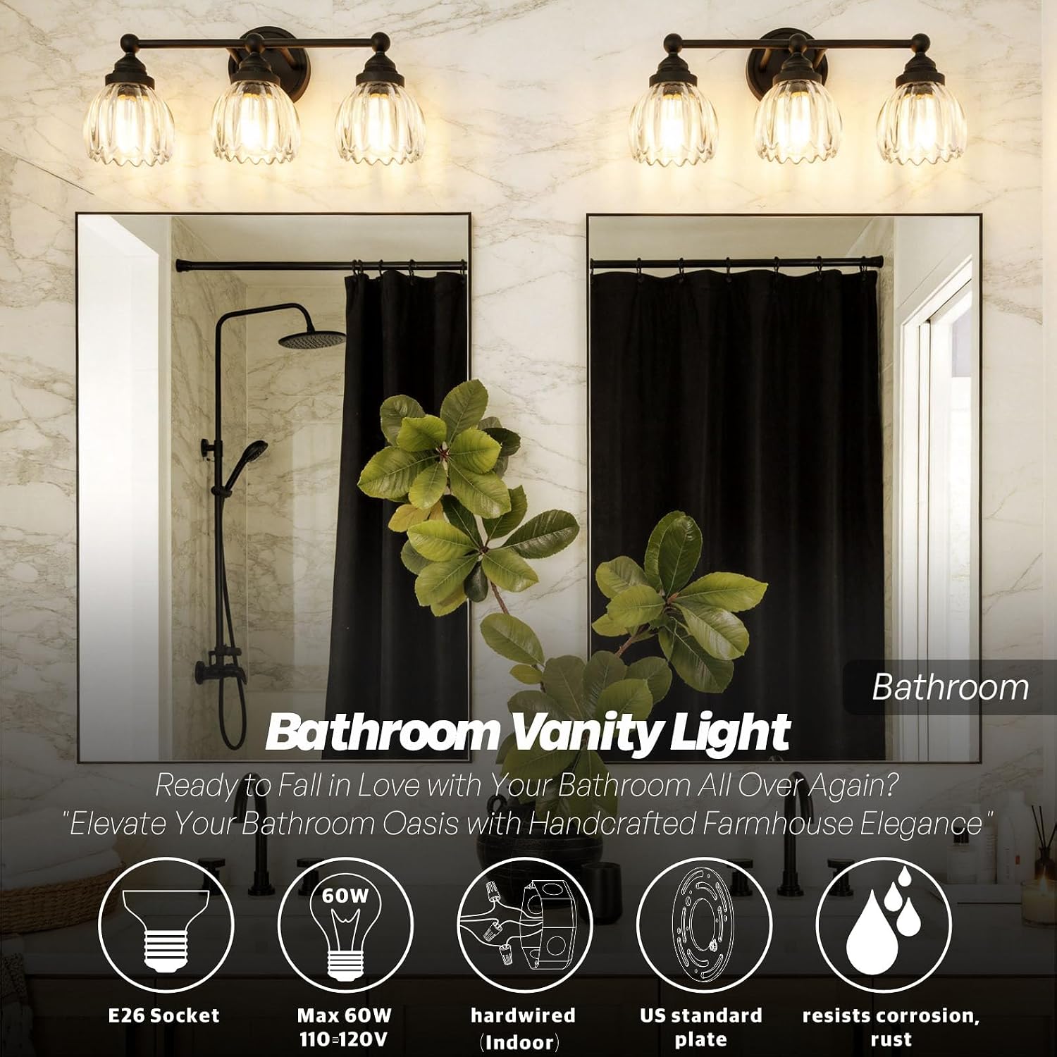 Vintage Triple Arm Tulip Glass Wall Sconce Lighting, 3-Lights Bathroom Vanity Light Fixture for Hallway Bedroom Living Room Bedside Nightstands Lights