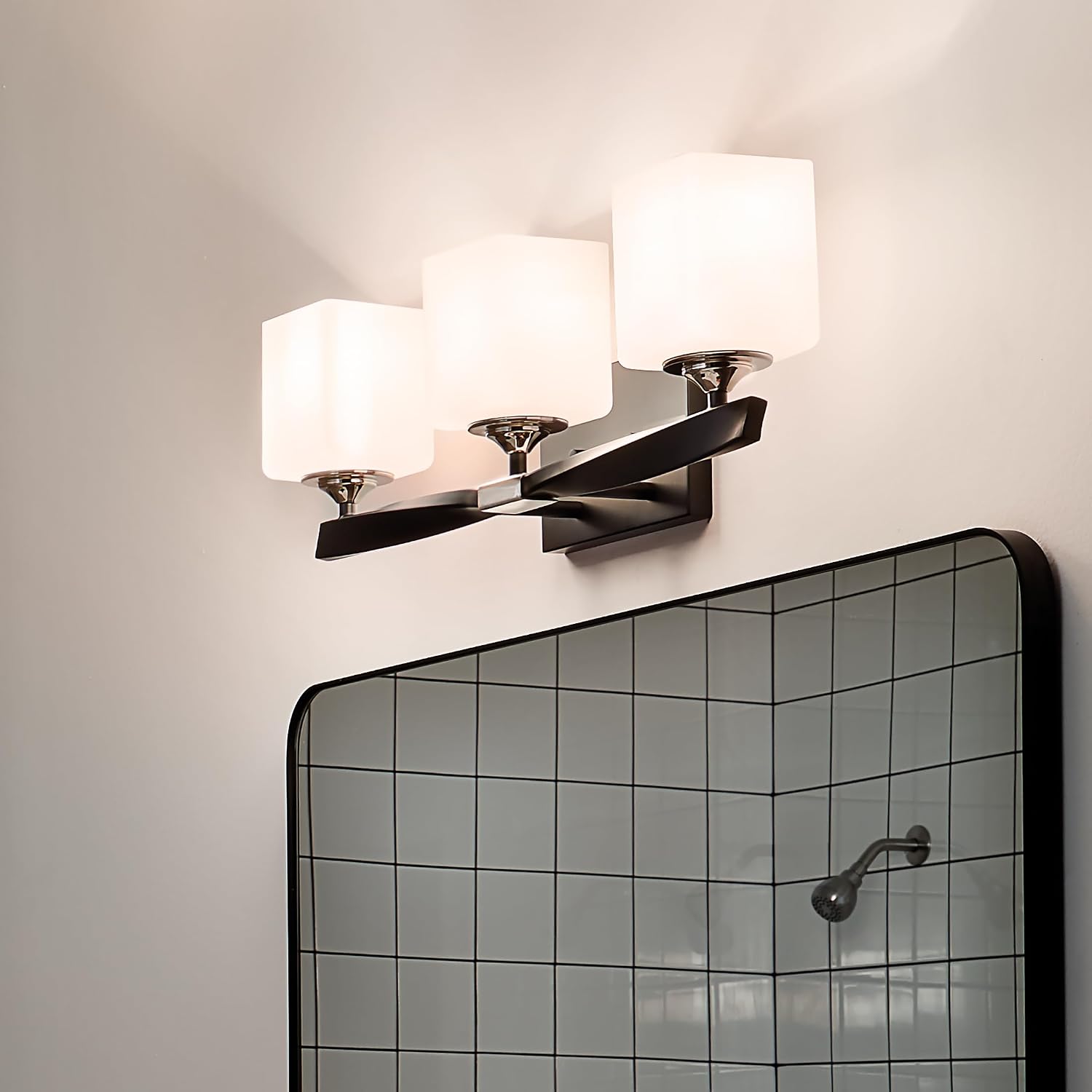 Kichler Marette 22.75' Vanity Light in Black, 3-Light Modern Bathroom Light with Satin Etched Cased Opal Glass, (22.75' W x 8' H), 55002BK