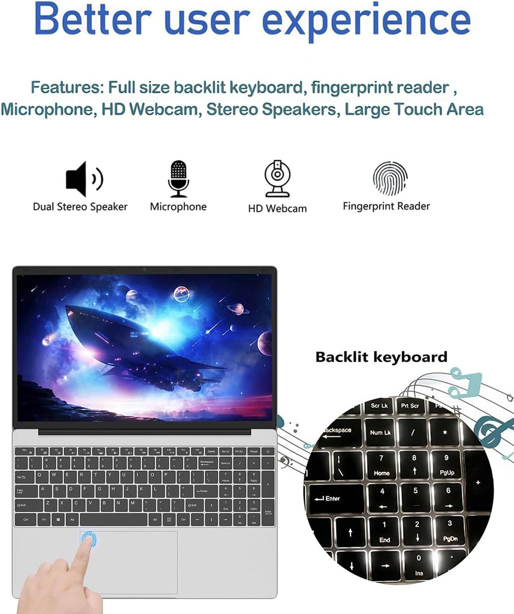 Laptop Computers,15.6' IPS 1080P Screen,N5095 Processor 4C 4T Up to 2.9Ghz 8GB RAM 512GB SSD, Laptops with Fingerprint Recognition Backlit Keyboard,WiFi,USB 3.0, Webcam, HDMI