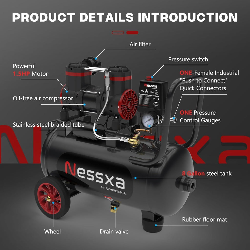 Ultra Quiet Air Compressor 8 Gallon, 1.5HP 4.52 CFM Max 115 PSI Pressure Oil-Free Steel Tank, Air Compressor with 2 Quick Couplers for Auto Repair, Tire Inflation, Spray Painting, Woodwork Nailing
