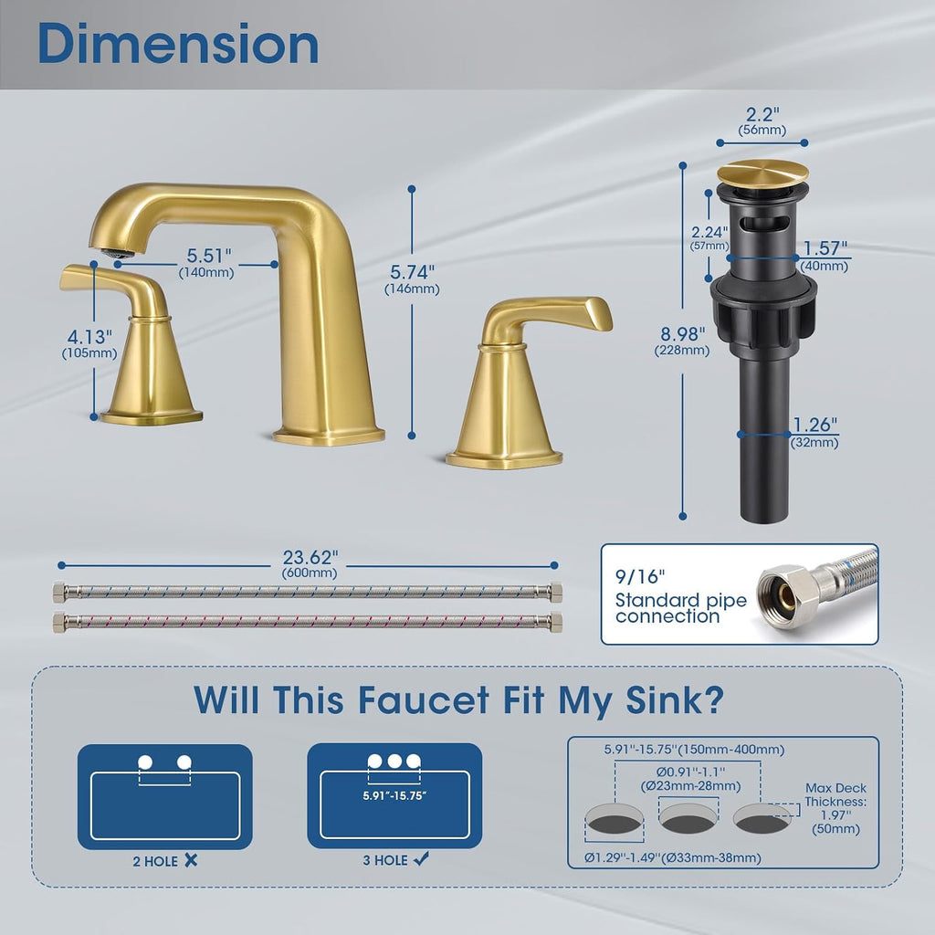 Gold Bathroom Faucet,Bathroom Sink Faucet,Brushed Gold Bathroom Faucet 3 Hole, with Pop Up Drain and CUPC Supply Lines for Vanity,Lavatory RV Farmhouse (HG-8904-BG)