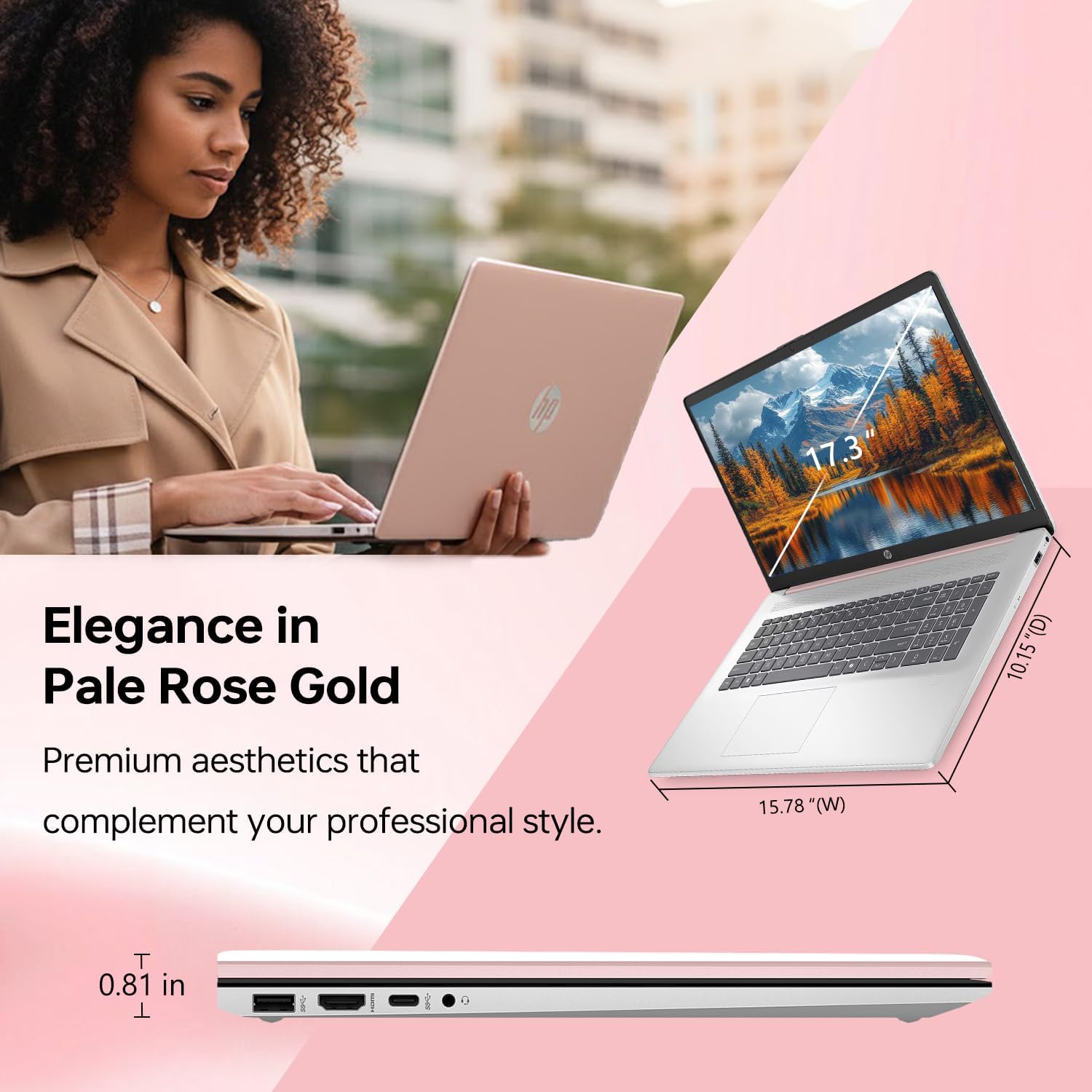 HP 17.3' Touchscreen Laptop, Intel Core i7-1355U, Pale Rose Gold, 64GB RAM, 2TB SSD, Webcam, Backlit Keyboard, Fingerprint Reader, Wi-Fi 6, Windows 11 Home, Bundle with PCO Laptop Cooler