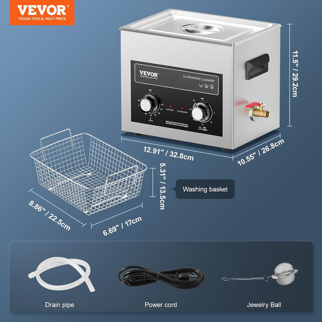 VEVOR 10L Sonic Cleaner with Heater Timer & Basket, Professional Digital Sonic Cavitation Machine, 240W Cleaning Machine for Lab Tools, Metal Parts, Carburetor, Brass, Auto Parts, Engine Parts
