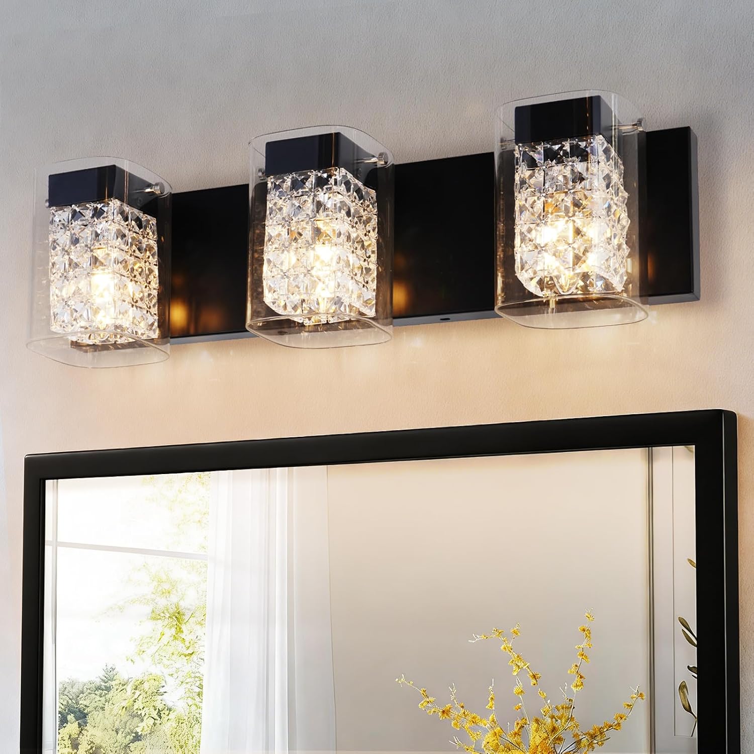 Modern Crystal Bathroom Light Fixtures, 3-Light Black Vanity Lights with Clear Shades, Bathroom Lighting Fixtures Over Mirror Wall Light for Living Room, Decoration,Bedroom（Exclude Bulb）