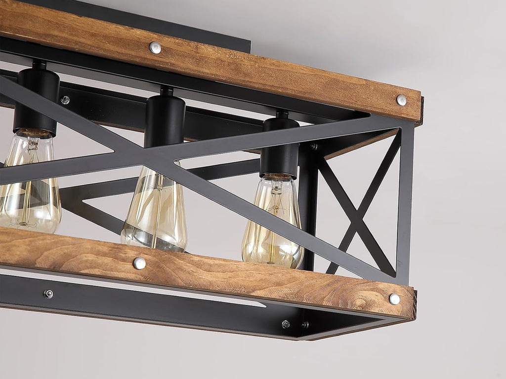 4-Light Large Rustic Farmhouse Wood Flush Mount Ceiling Light Fixture 23.6 inch Oak Wood and Metal Rectangular Track Semi Flush Mount Ceiling Light for Kitchen Living Room Bedroom Indoor, Black