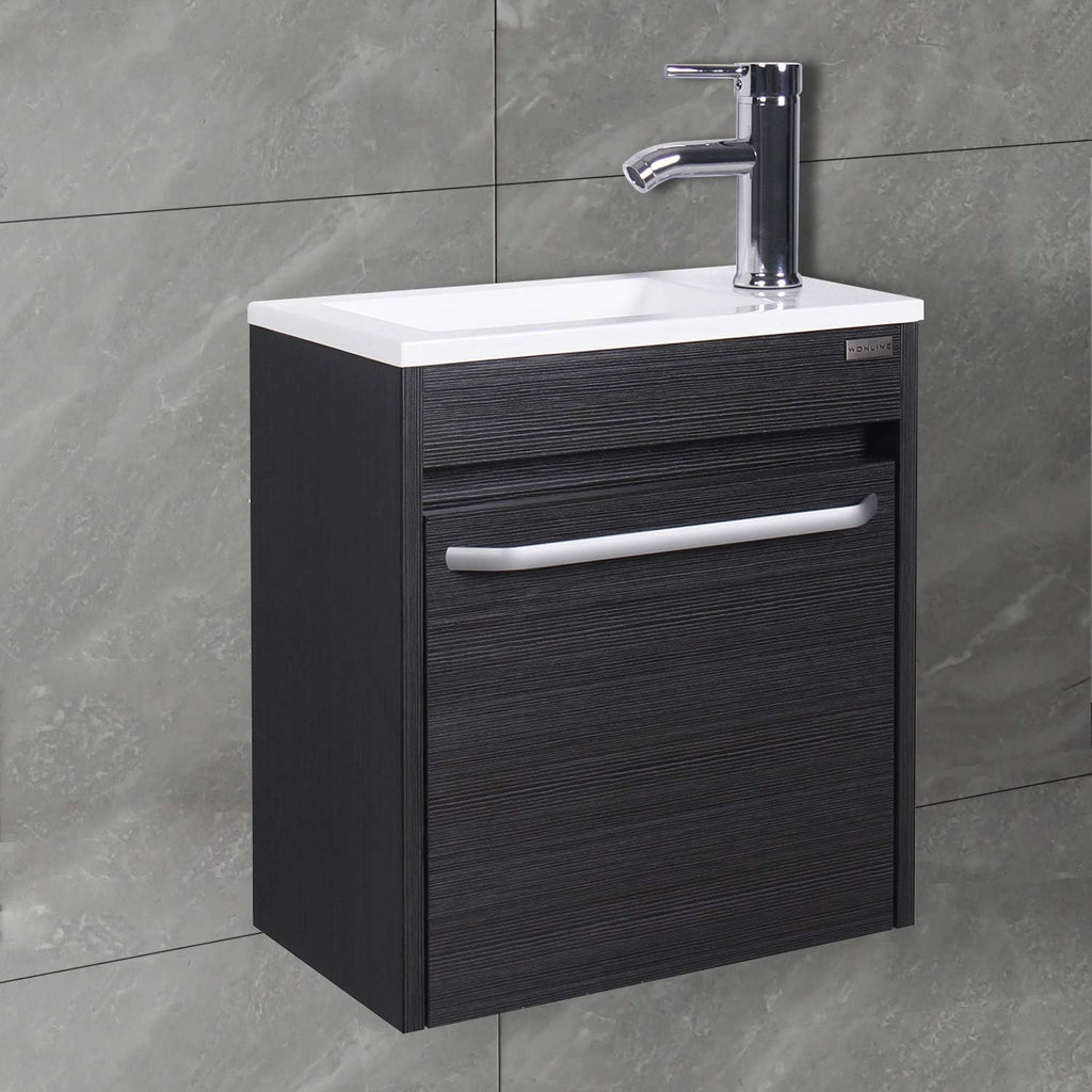 wonline 16' Bathroom Vanity Sink Combo for Small Space Black Wall Mounted Cabinet Set Design White Resin Basin Sink Top Chrome Faucet