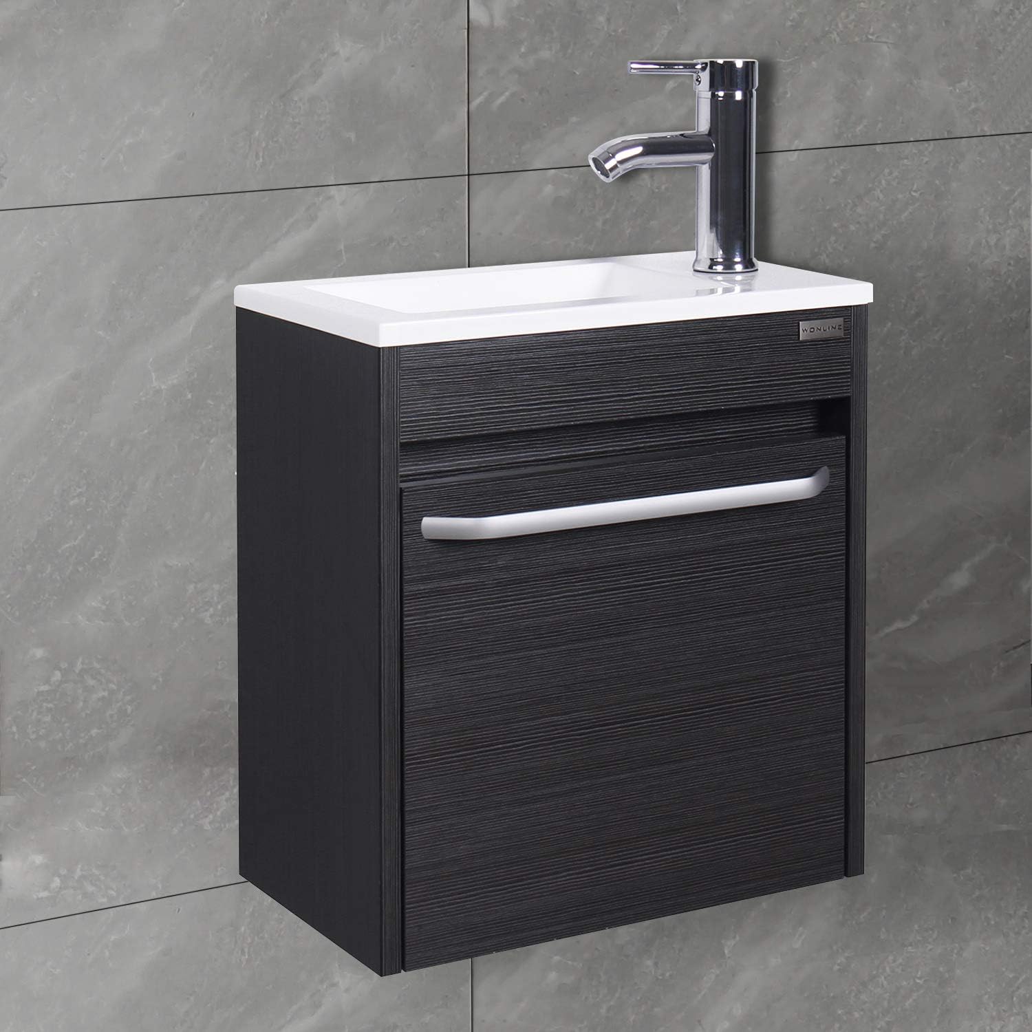 wonline 16' Bathroom Vanity Sink Combo for Small Space Black Wall Mounted Cabinet Set Design White Resin Basin Sink Top Chrome Faucet