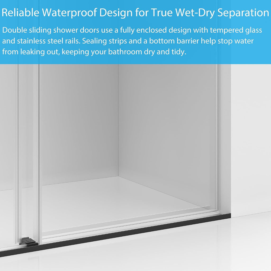 Bathtub Shower Door Glass Sliding 60 Inches,56-60' W x 59' H Frameless Dual Sliding Shower Glass Doors, 6mm Tempered Glass with Stainless Steel Square Rail for Modern Bathroom Matte Black