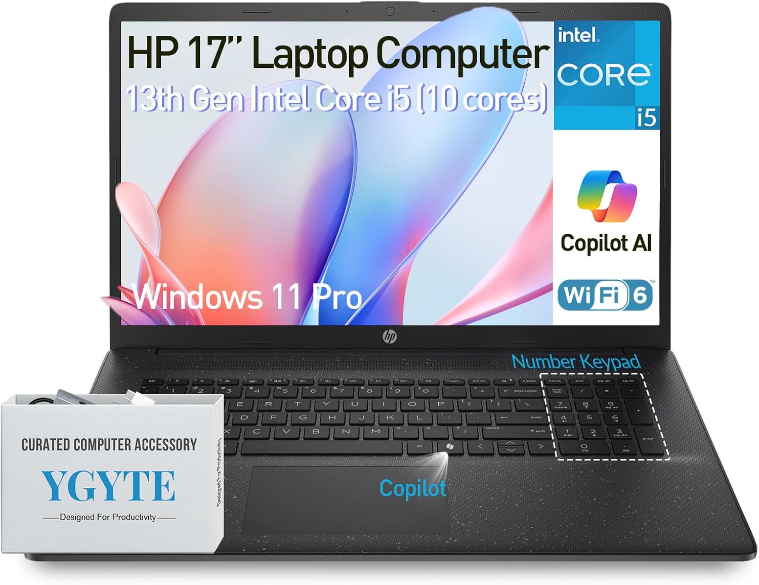 HP 17 Laptop Computer, 17.3 inch FHD IPS Large Screen Laptop PC, Intel Core i5 (13th Gen, 10-cores), Windows 11 Pro, 16GB RAM 1TB SSD, 10-Key Number Pad, Black