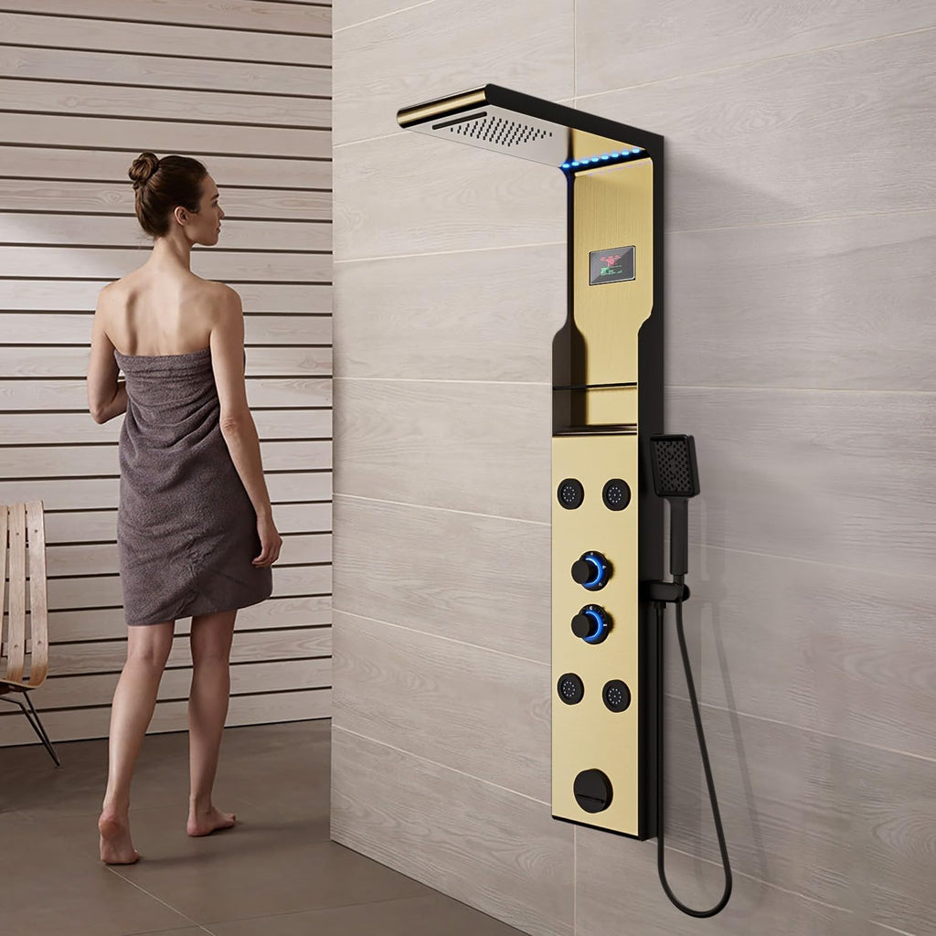ELLO&ALLO LED Rainfall Shower Head and Rain Massage System with Body Jets Stainless Steel Bathroom Shower Panel Tower System with Shelf, Brushed Gold&Black